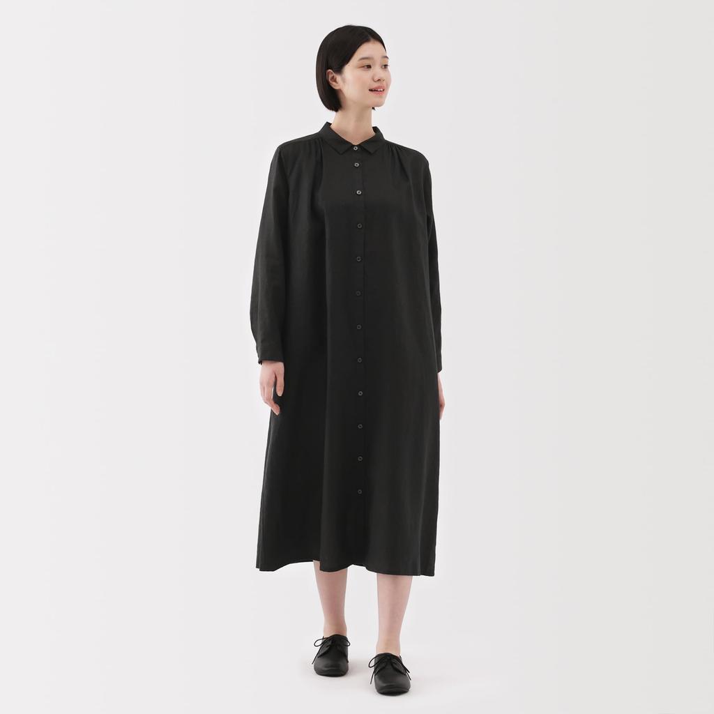 MUJI Women's Linen Washed Long Sleeve Shirt Dress, Black, Size Small, BC2LDA5S