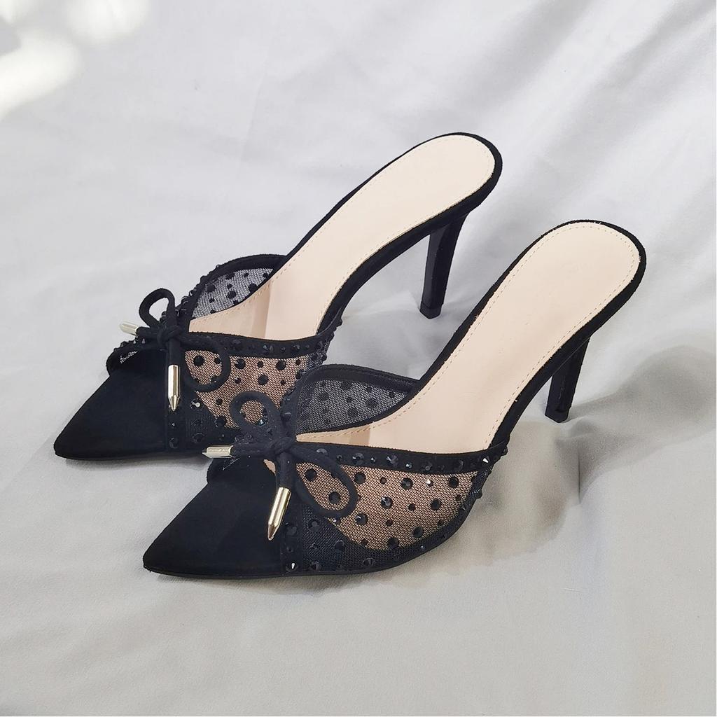 Pointed Toe High Heels, Women's Slim Heels, Hot Pressed Diamond Bow Sandals