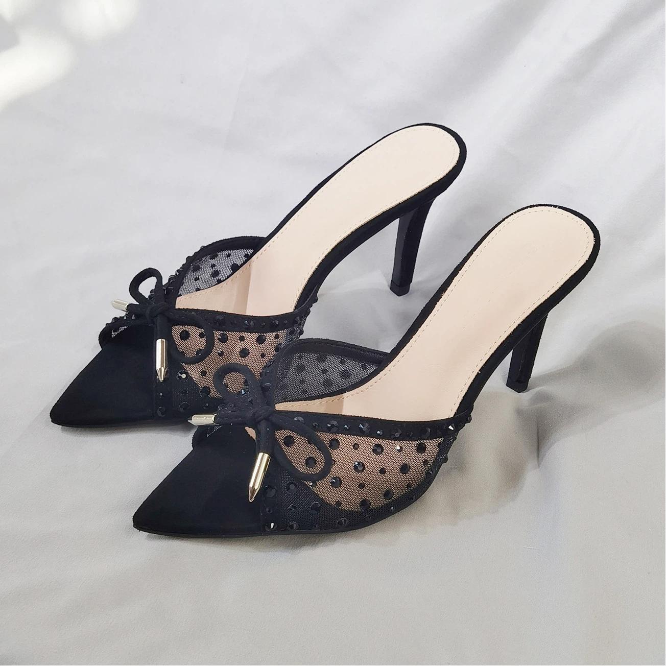 Pointed Toe High Heels, Women s Slim Heels, Hot Pressed Diamond Bow Sandals 34 чёрный