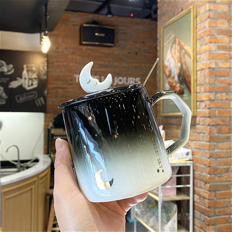 Creative Cup Literary Girl Mug Simple Gradient Color Starry Sky Big Belly Ceramic Water Cup with Lid and Spoon