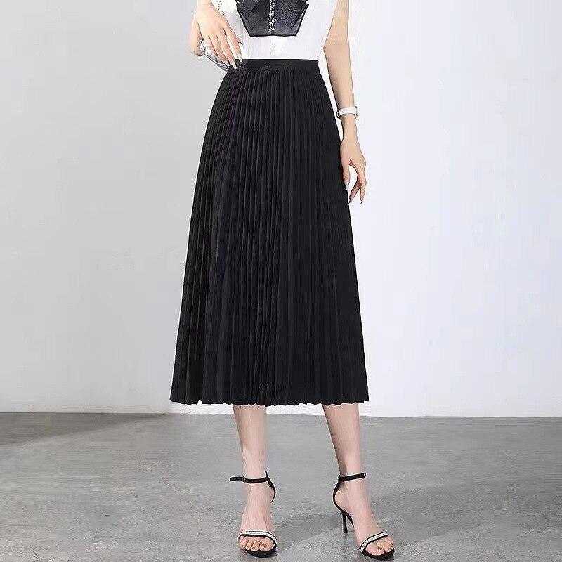 Qooth Dámské 11 barev elastická skládaná sukně v pase Elegantní vintage dlouhá jednobarevná sukně do A na podzim QT2220