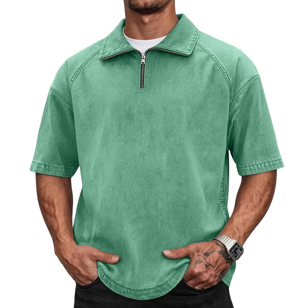 Men's Casual American Style Washed Cotton Vintage Short Sleeve Fitted Polo Shirt with Zip Collar Retro Trendy Design Comfortable Fit