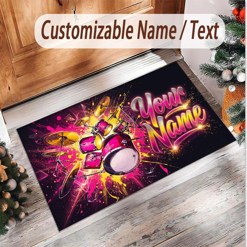Music Drums Theme Soft Crystal Velvet Rug Custom Name & Text Print Non Slip Floor Rug for Bedroom Living Room