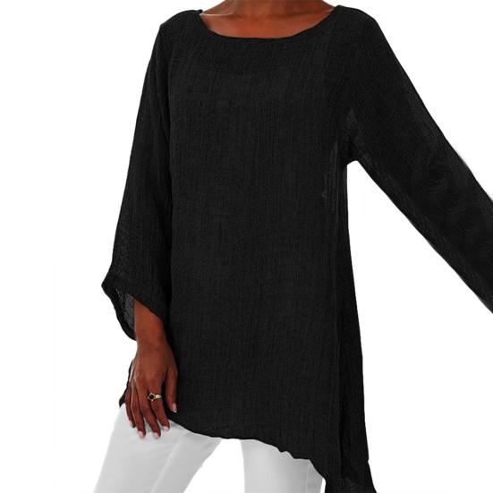Casual Solid Color Long Sleeve Irregular T-Shirt Women Cotton Linen Tunic Top