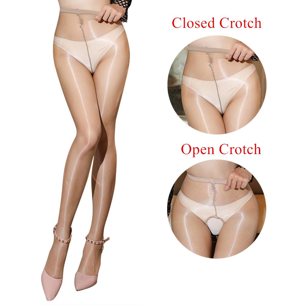Oil Shiny Smooth Pantyhose High Waist Design 1D Sheer Glossy Tights Ultra-Thin Open Crotch Sexy Lingerie Thigh High Stockings