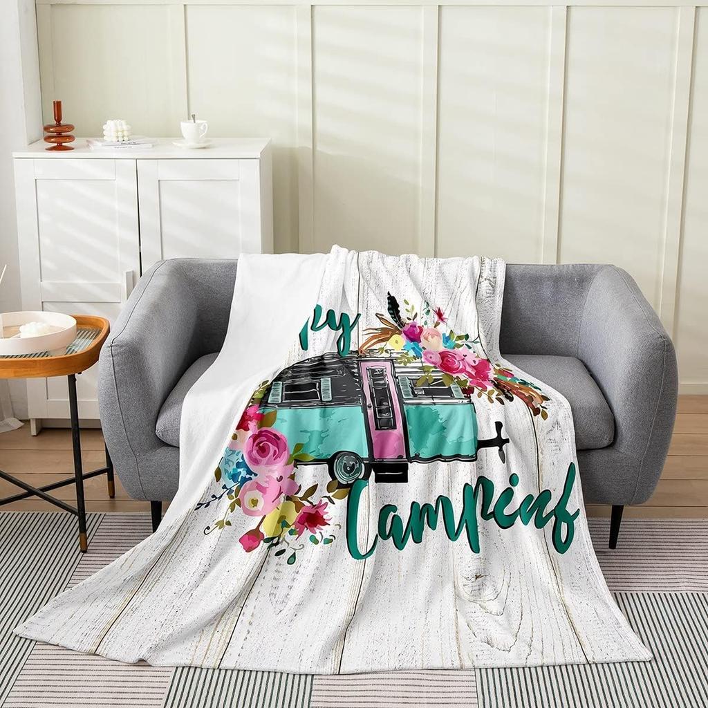 Feelyou Camper Plush Throw Blanket AllSeason Bed Blanket Rustic Wooden Brown White Flannel Fleece Gift for Women Mom Wife Queen