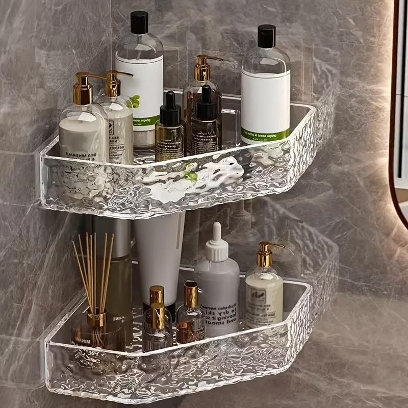 No-Drill Wall-Mounted Bathroom Shelves - Transparent Textured Design Shower Caddy & Skincare Organizer for Home, Multi-Room Compatible