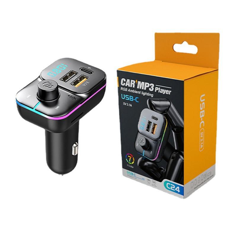 Car Bluetooth FM Transmitter 15W Multifunctional Fast Charging USB Auto Charger  Hands-free MP3 Player with Colorful Light
