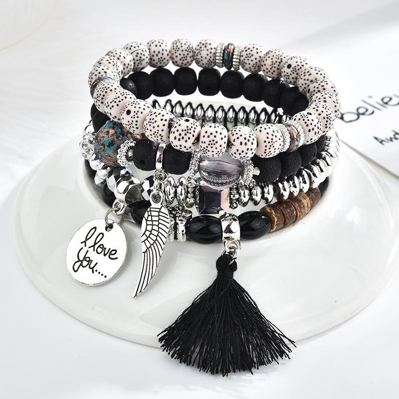 Ethnic Wind Wings Bracelet Round Card Letters Multilayer Tassel Beaded Bracelet Vintage Bracelet