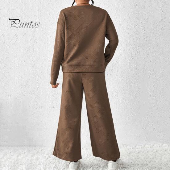 2 Pcs/Set Women Top Pants Suit Round Neck Long Sleeves Textured Solid Color Sweatshirt Elastic Waist Wide Leg Trousers Daily Wear Sport Outfit Fall