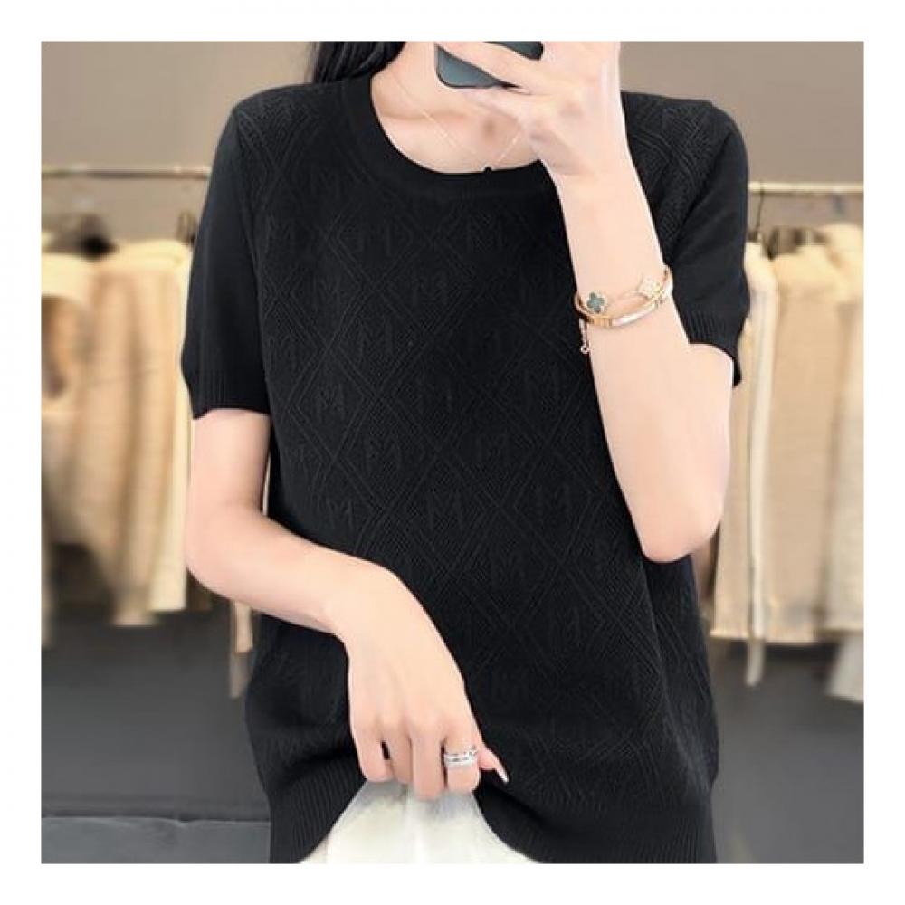 Navava Nk2152 Embossing AlphabeT Simple ShorT Sleeve KniT T shirT