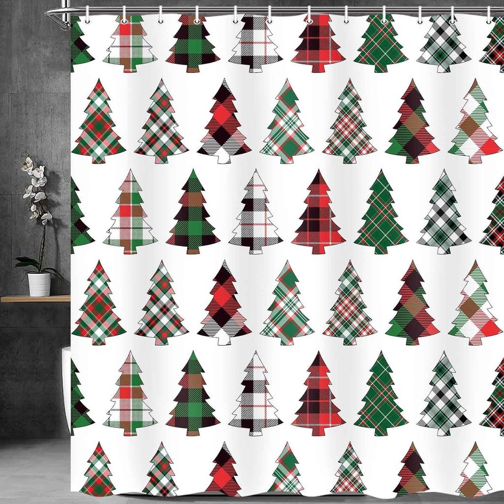 Christmas Tree Shower Curtain Set with Holiday Pattern, Waterproof Winter Bathroom Decor Includes Hooks for Xmas Theme