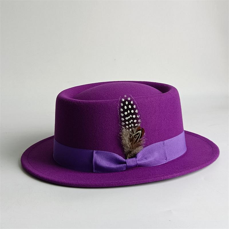 Vintage Pork Pie Hat For Men Wide Brim Felt Black Fedora Church Jazz Ribbon Trilby Panama Gangsters Caps Gentleman'S Style