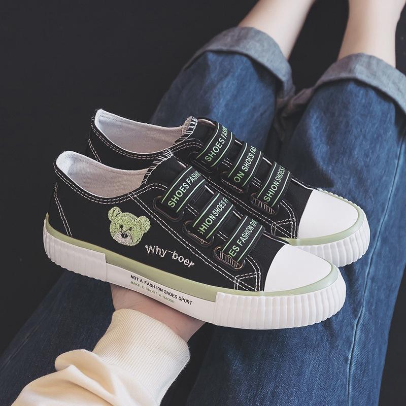 Canvas Shoes Women's New Summer Student Versatile Elastic Band Embroidered Bear Board Shoes One Pedal Lazy Shoes Women