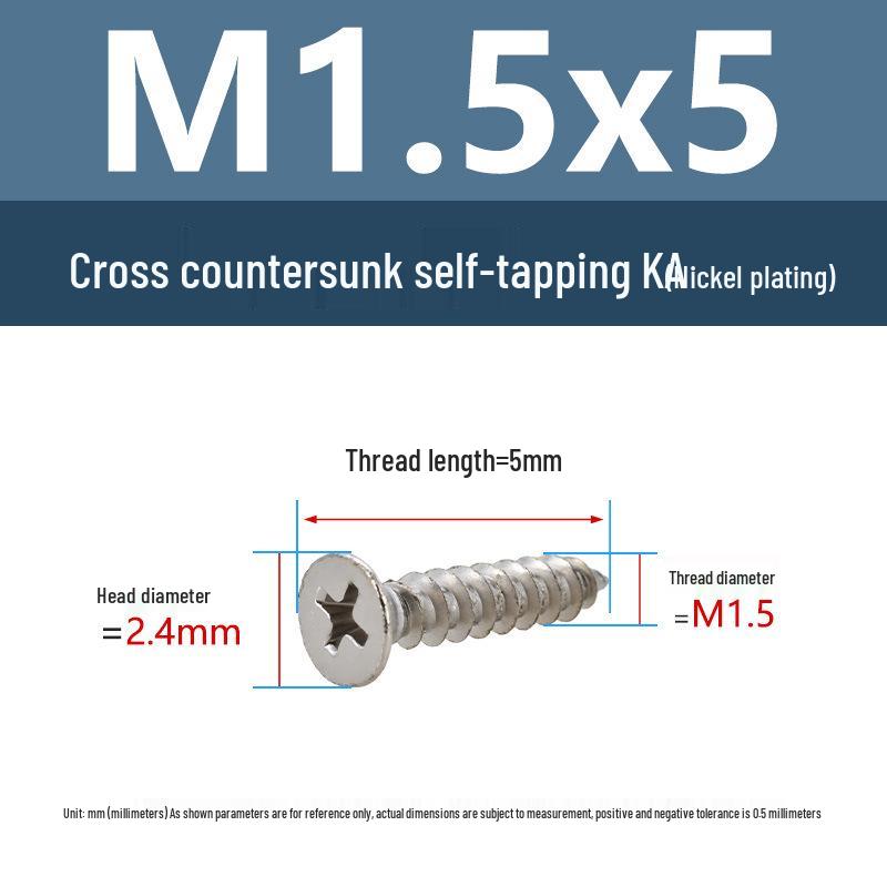 YiguYigu Nickel-Plated Phillips Flat Head Self-Tapping Screws M1-M5, Carbon Steel