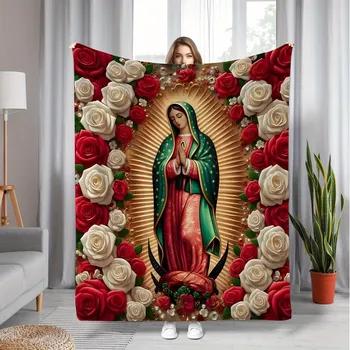 Virgin Mary with Roses Pattern Flannel Throw Blanket AllSeason Multipurpose for Home Decor Nap Office Shawl Sofa Travel