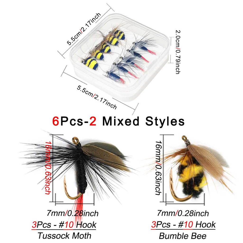 Artificial Tussock Red Tail Moth Bait & Bumble Bee Dry Fly Bait -Mixed Styles Artificial Fishing For Trout/Bass/Salmon/Perch/Carp Bait -6/10Pcs/Box