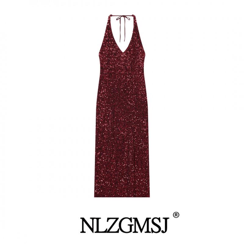 2025 Winter European & American Style Sequin Sleeveless Off-the-Shoulder V-Neck Dress XS