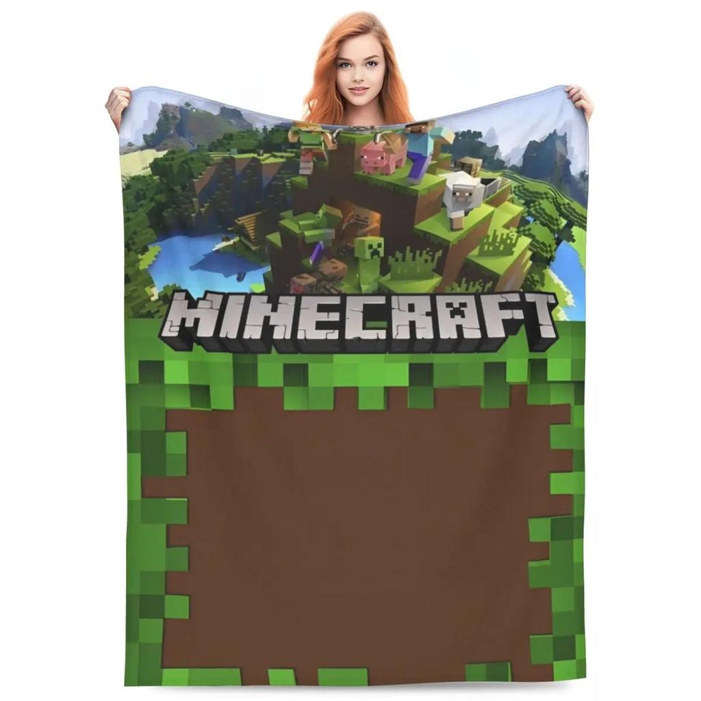 Cartoon Mines Pixel Game Crafts Flannel Blanket Super Warm Throw Blanket for Home Decor Decorative Street Trend Bedspread