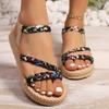 Floral Printing Flat Sandals for Women Summer 2025 Lightweight Slip On Beach Shoes Woman Braided Band Bohemian Sandalas