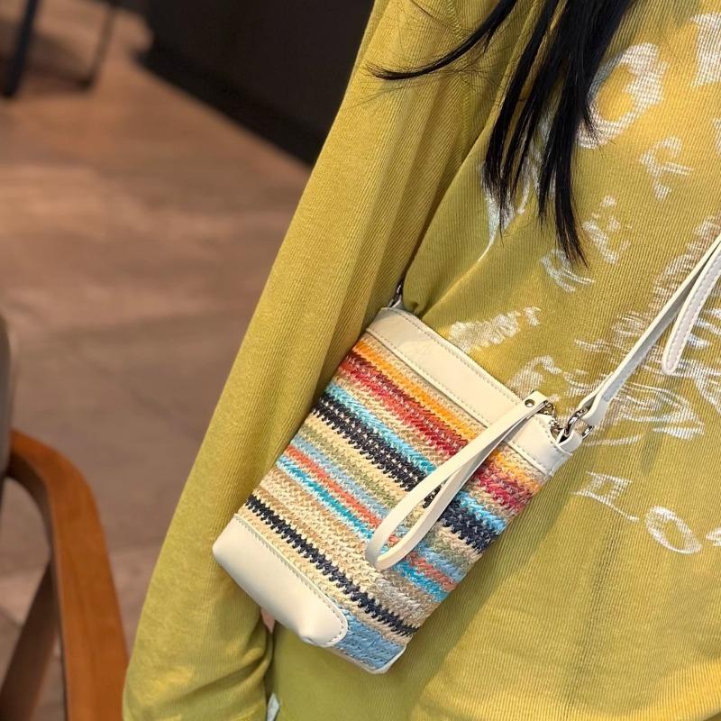 Hot-selling Women's Bags Summer Raffia Grass with Cowhide Woven Bags Niche Versatile Shoulder Messenger Bags