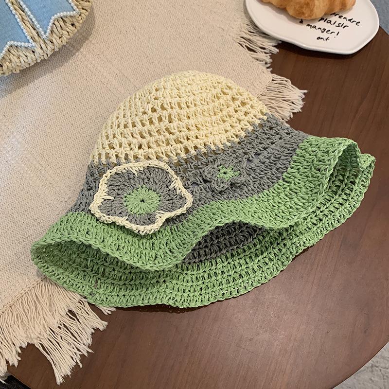 

French Countryside Flower Color Blocked Grass Hat For Women Hollowed Out Fisherman Hat For Beach Sun Protection Shading Hat M(56-58cm) зелений