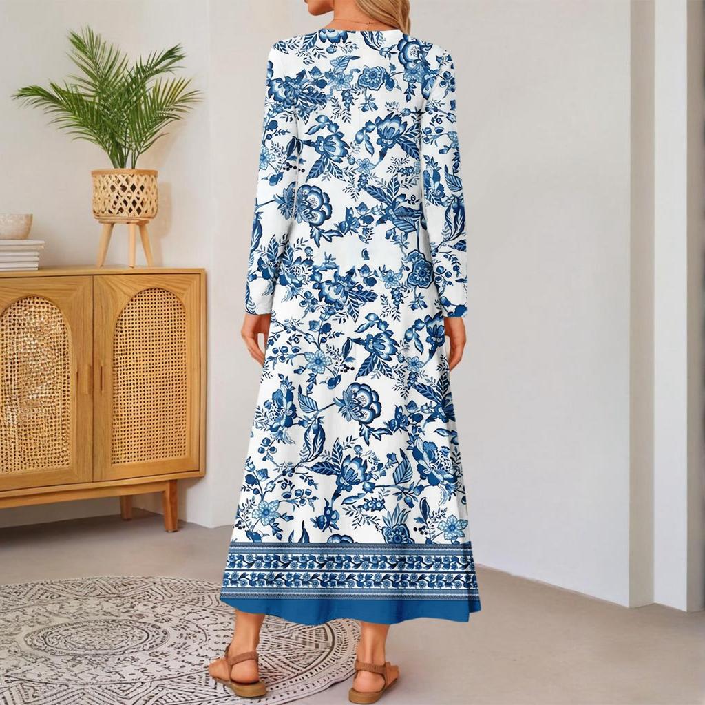 Women's Plaid Print Long-sleeved Comfortable Loose Dress Elegant Dress