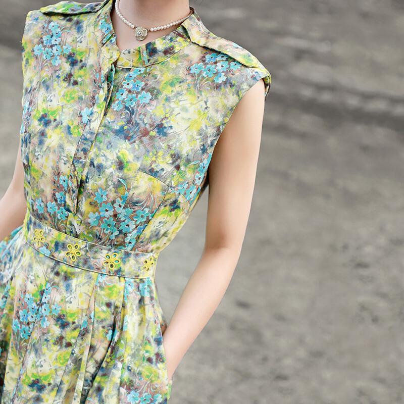 Lanser 2026 Summer French Floral Tie-Waist Sleeveless Dress