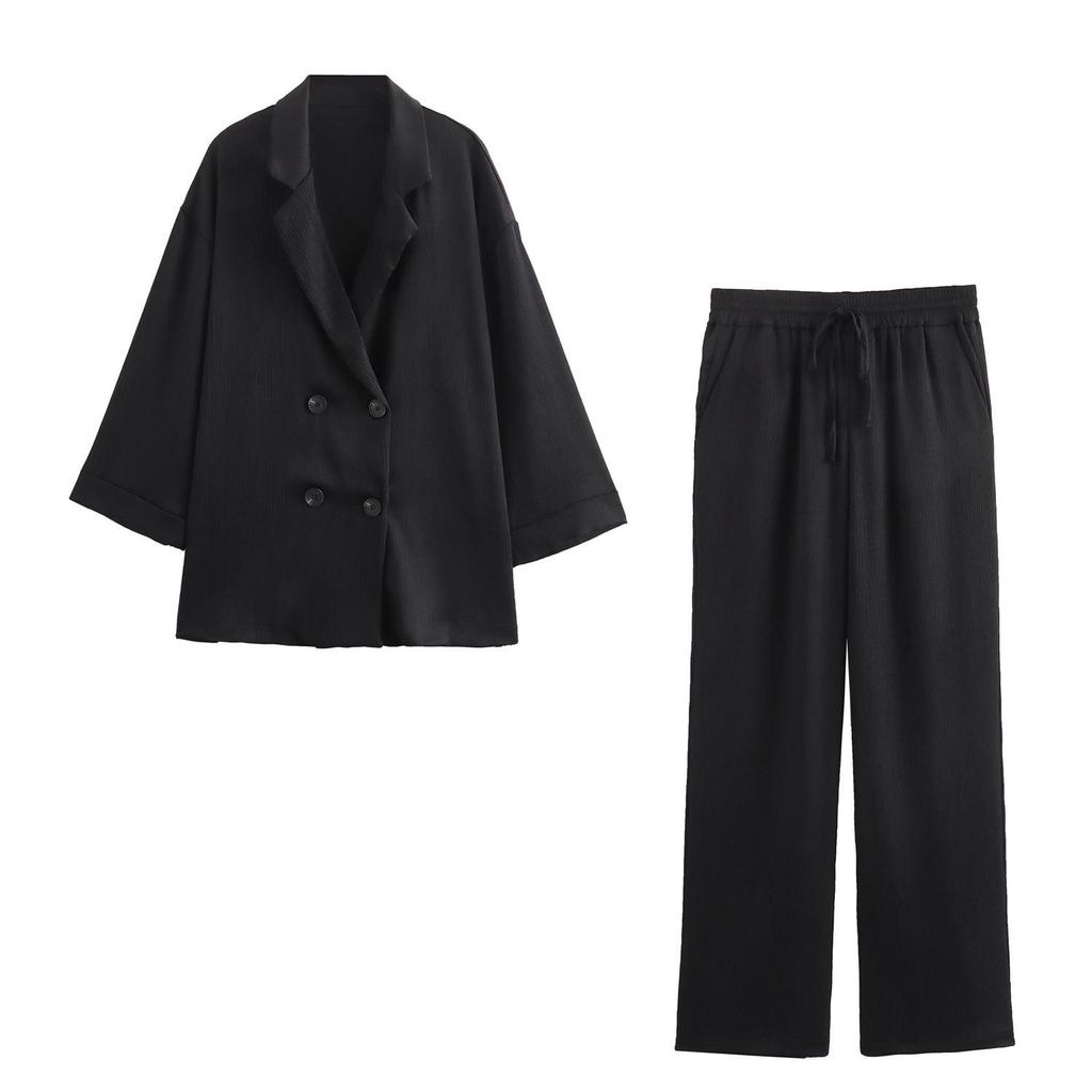 Women's Casual Crinkle Double-Breasted Blazer + High-Waisted Long Pants