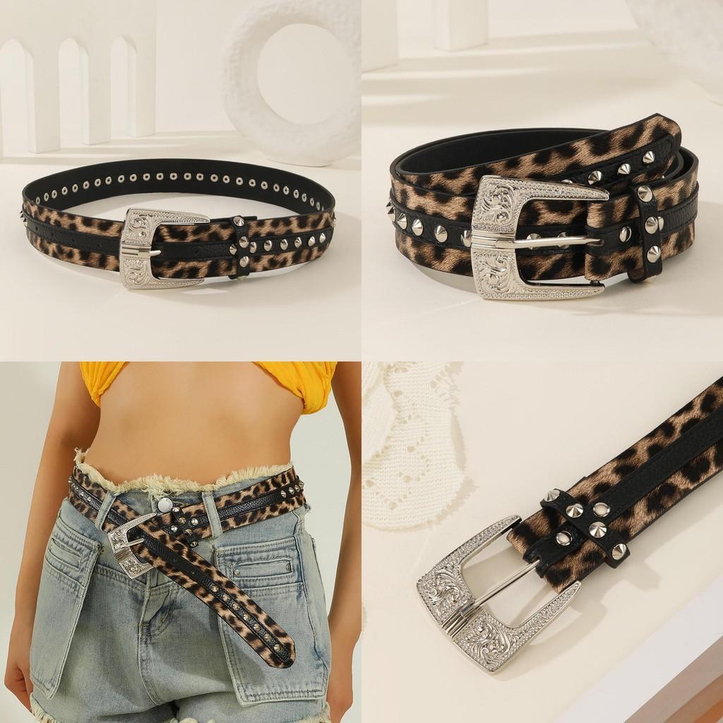 Fashion Print Leopard Pattern Rhinestone Metal Buckle Decoration Women Wide Belt