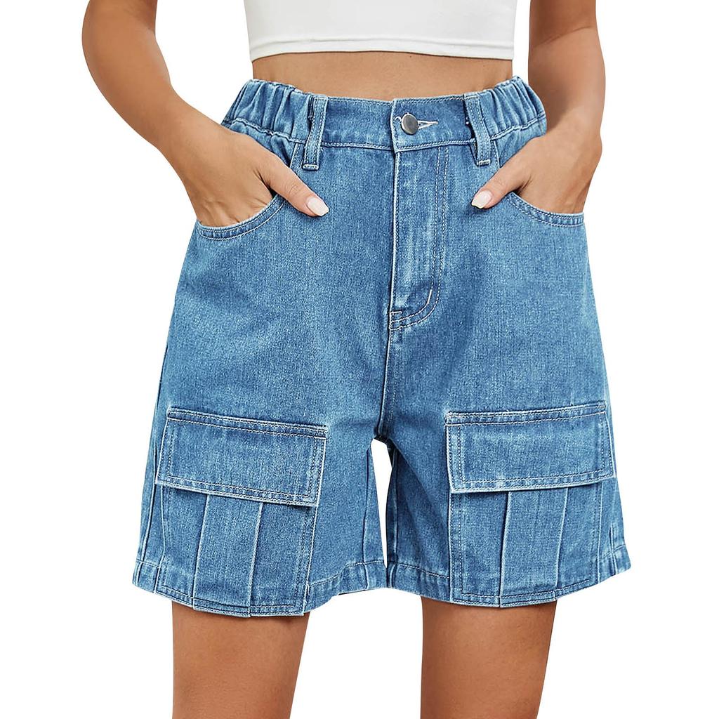 Women's Fashion Wash Elastic Waist Cargo Casual Denim