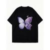 Black Oversized T Shirt With Purple Butterfly And Flower Print For Casual Wear
