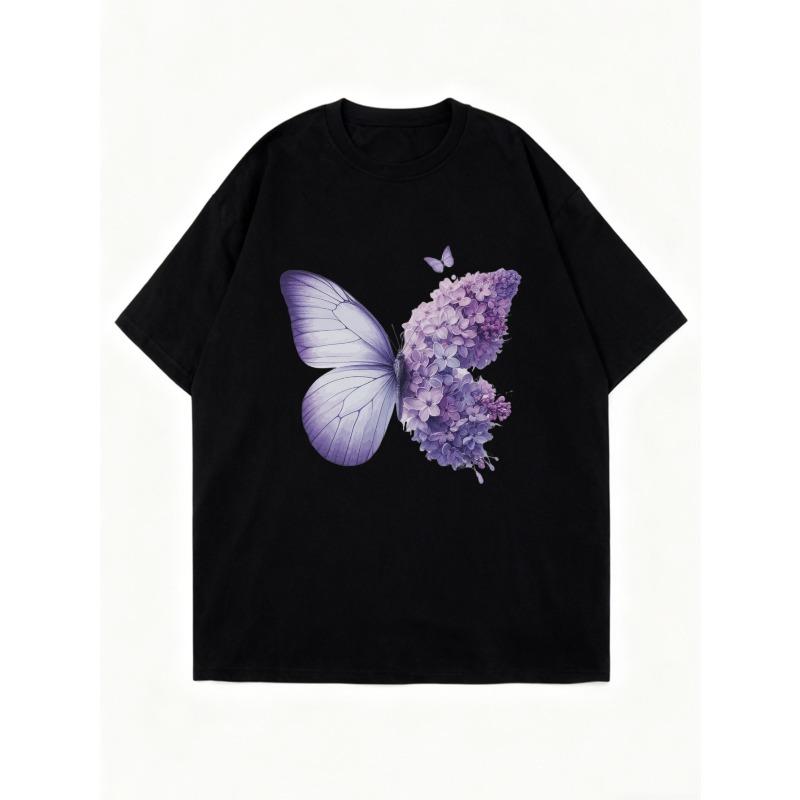 Black Oversized T Shirt With Purple Butterfly And Flower Print For Casual Wear