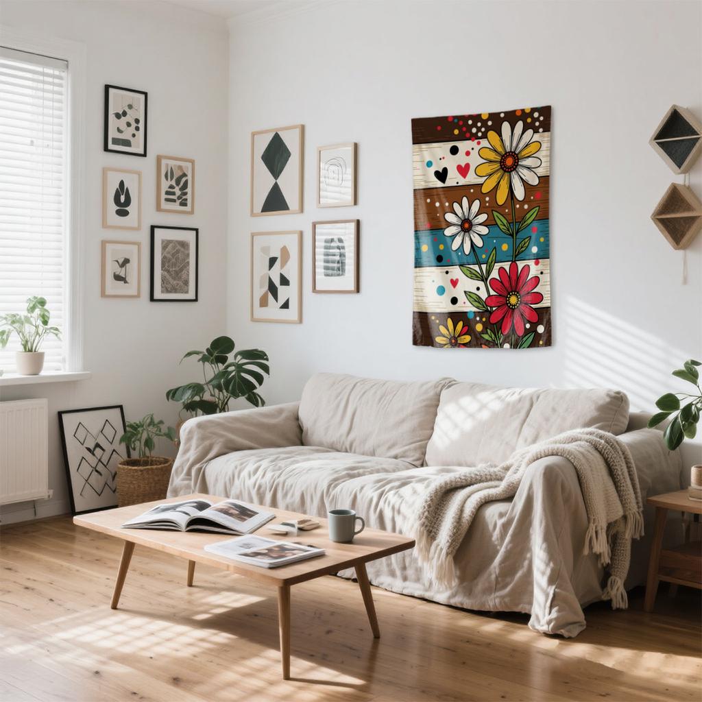 Flowers Hearts Dots Stripes Pattern Digital Printing Polyester Wall Tapestry Suitable For Use In Living Rooms Offices Bars Party