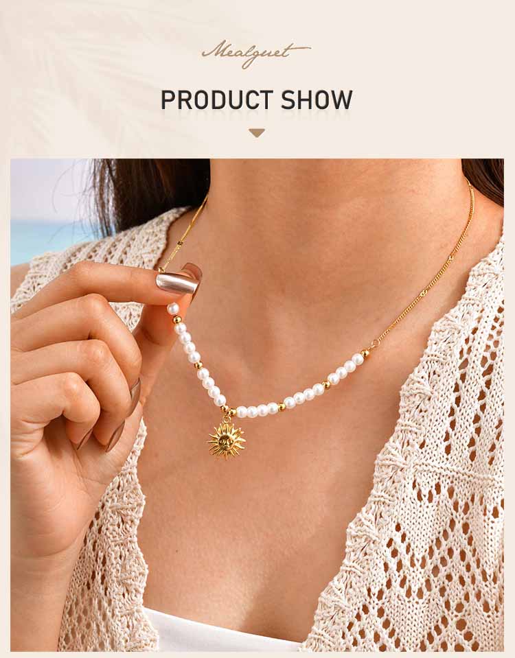 Pearl Beaded Pendant Necklace Stainless Steel 18K PVD Gold Plated Waterproof Tarnish Free Sun Shell Heart Zircon Choker Jewelry