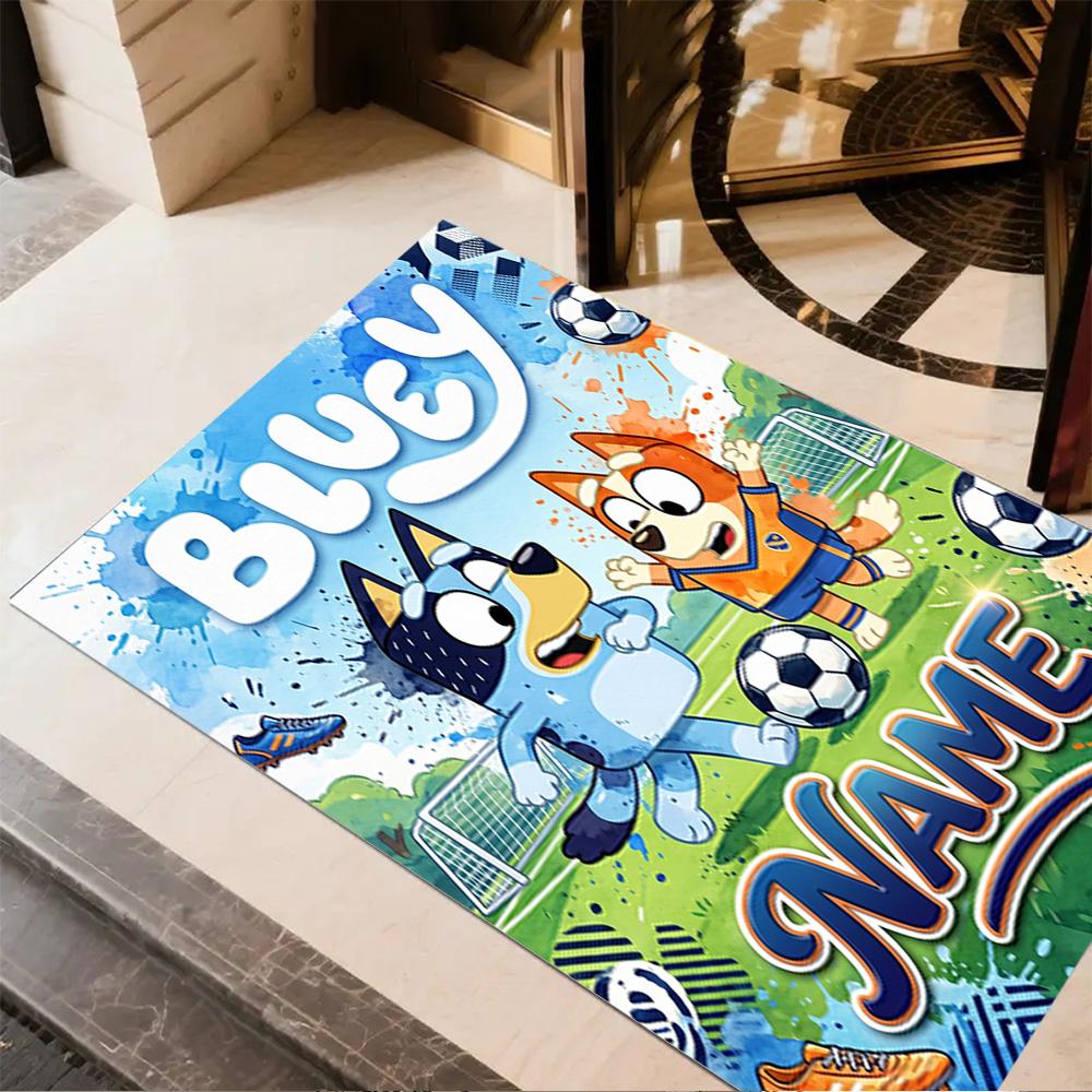 Bluey's Festive Football Fun Customized Name Floor Mat Suitable for Bedrooms Living Rooms Dining Room Decorate Room Antislip Carpet Anime Office Decor