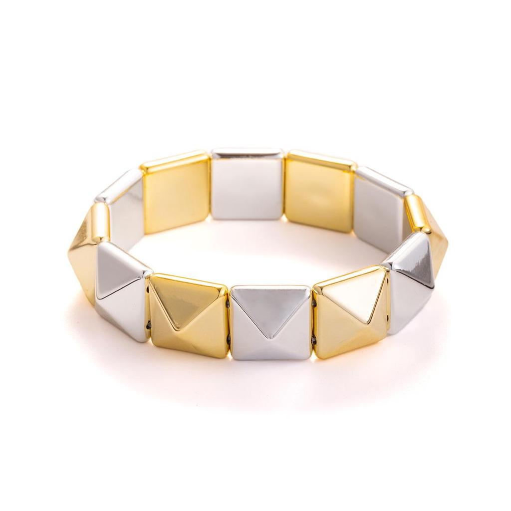 Gold & Silver Interspersed Rhombus Bangle: Luxury Wide Band Hand Jewelry with Exaggerated Fashion and Unique Personality