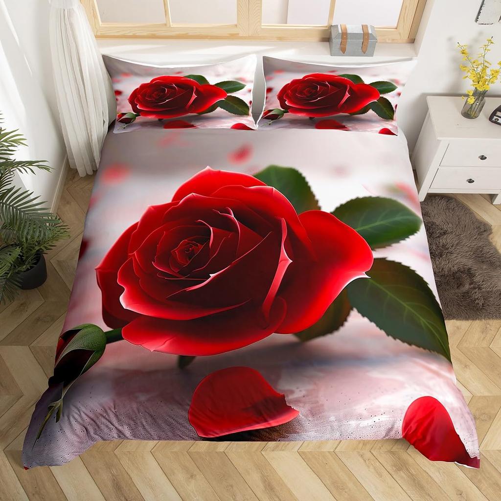 Rose Flower Duvet Cover Set Twin King Botanical Floral Bedding Set Garden Flowers Quilt Cover Valentine'S Day Bedspread Cover
