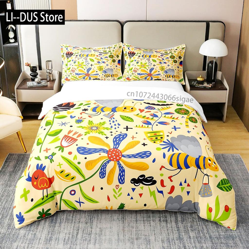Floral Bedding Set Full Size Colorful Flowers Comforter Cover for Girls Child Duvet Cover Bedroom Decor with 2 Pillow Cases
