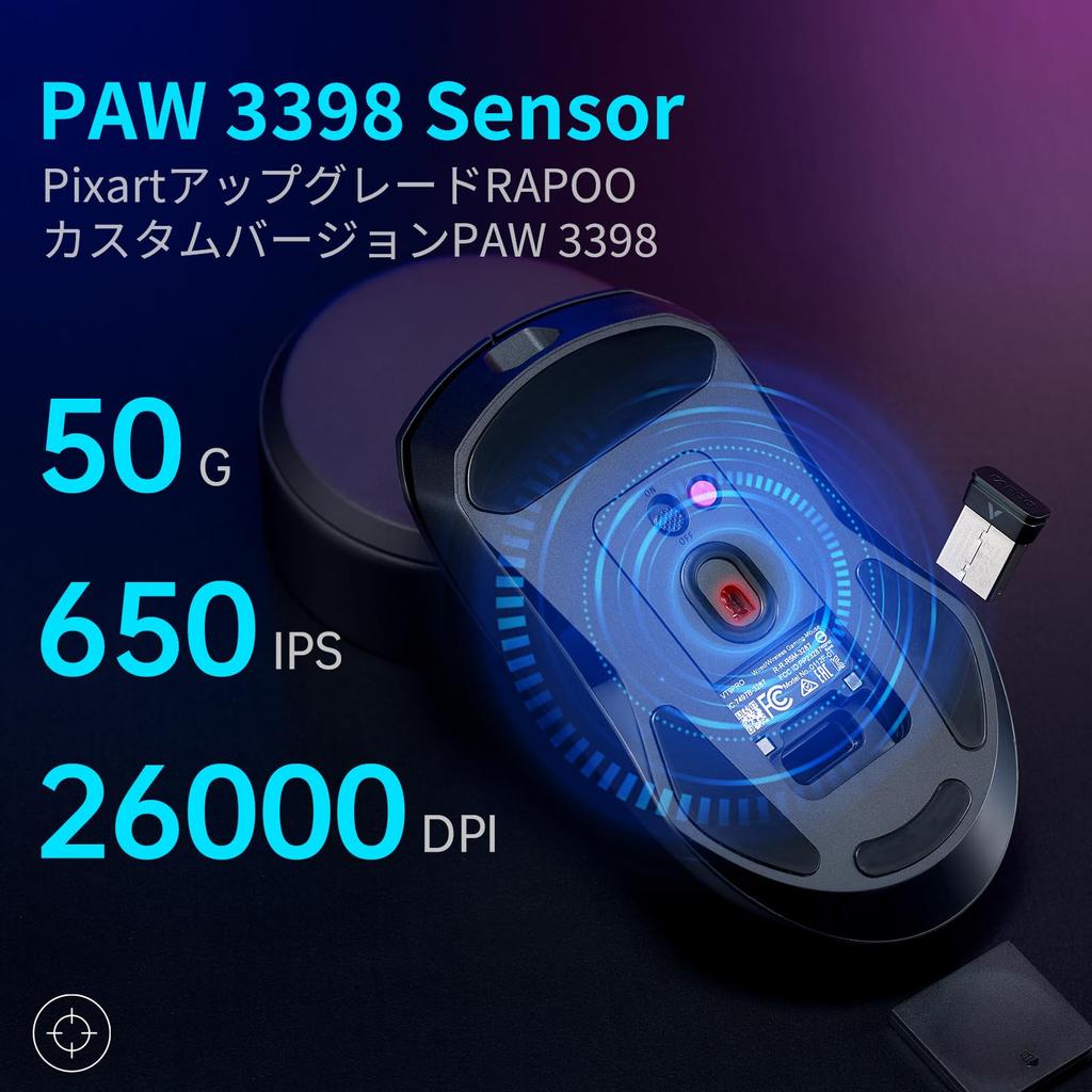 Rapoo VT9Pro Wireless Gaming Mouse PAW 3398V Gaming 26000 Electronic 1ms Response 68g 10 Programmable Long Onboard Memory 1K - Mouse, DPI,
