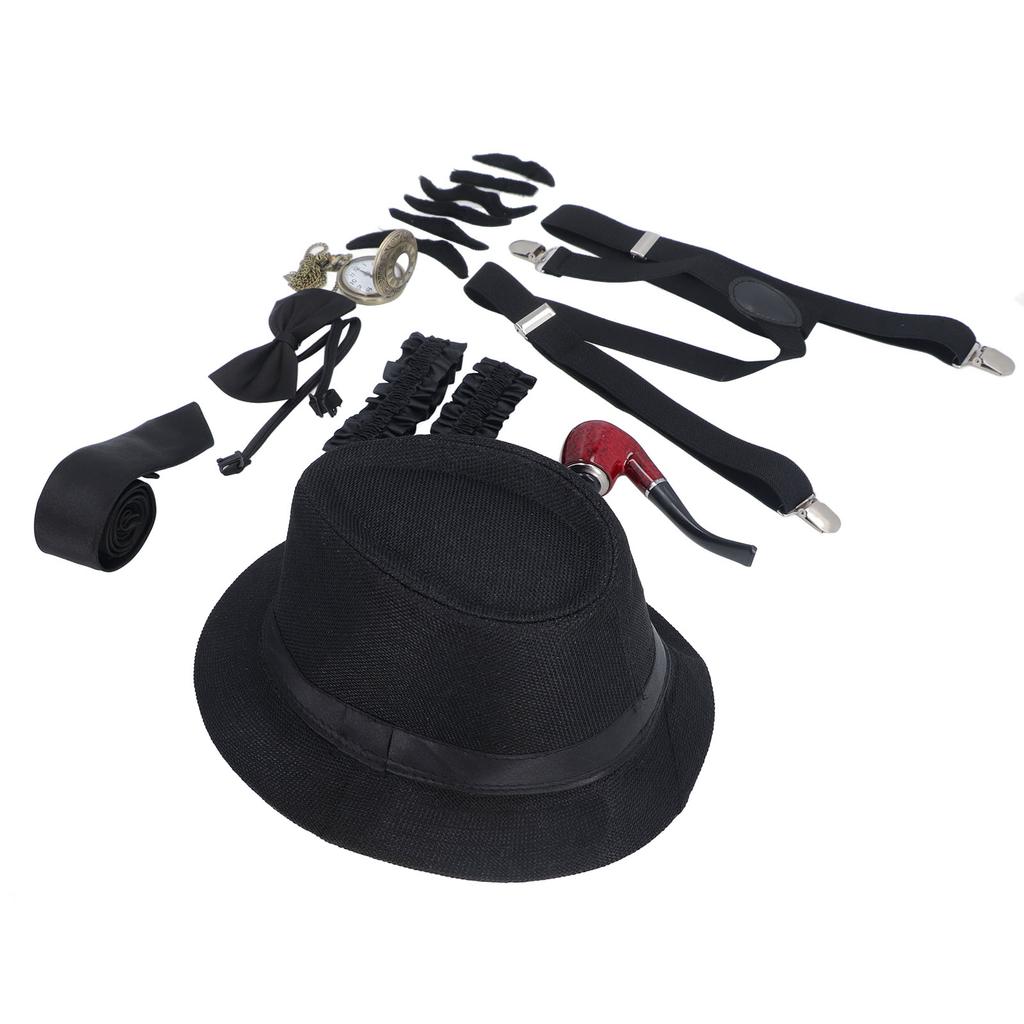 8 Pieces 1920s Grandpa Old Man Costumes Set with Suspenders Hat Watch Pipe Bow Tie Glasses Beard Kids 100 Days School