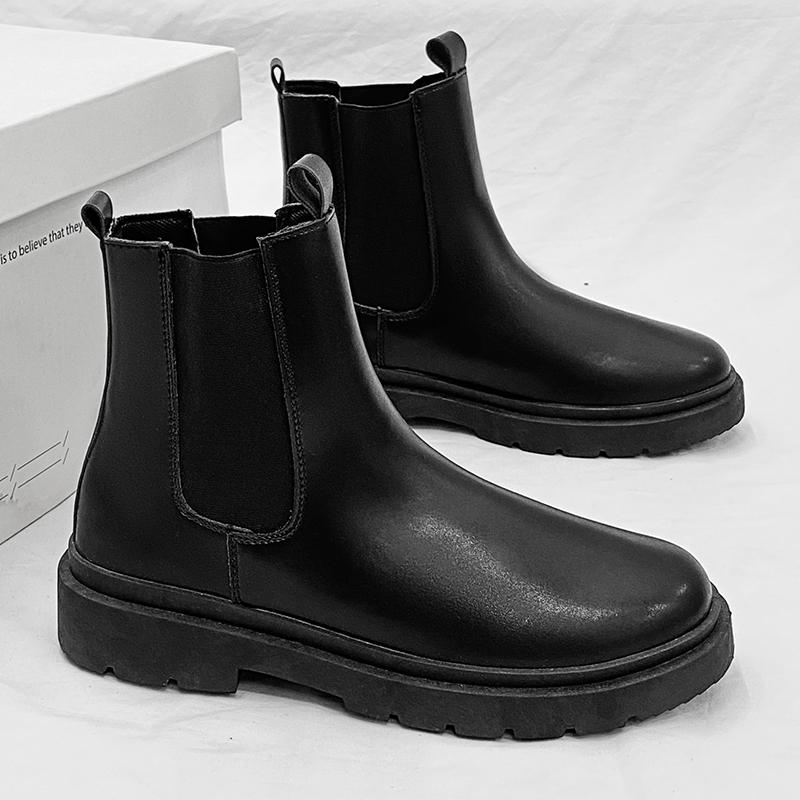 Fashion Slip On Men's Chelsea Boots Winter Leather Boots Outdoor High Top Men's Ankle Boots Plush Warm Cotton Boots Casual Shoes