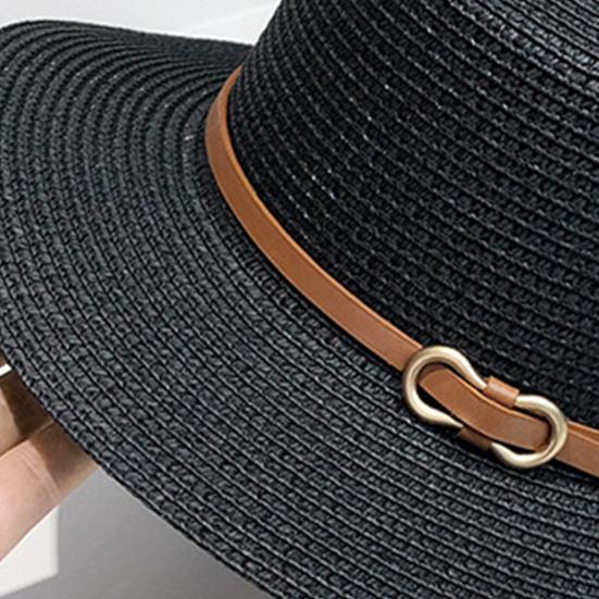 Panama Hat Women Men Faux Leather Buckle Straw Sun Hat French Style Flat-Top Style Wide Brim UV Protection Beach Hat