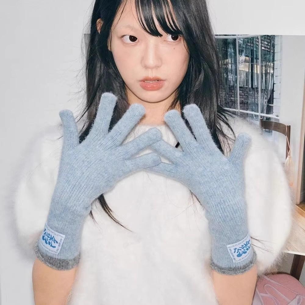 Trendy Mid-Length Warm Gloves Dopamine Colors Color-Blocking Knitted Gloves Curly Design Comfortable Five-Finger Gloves Women