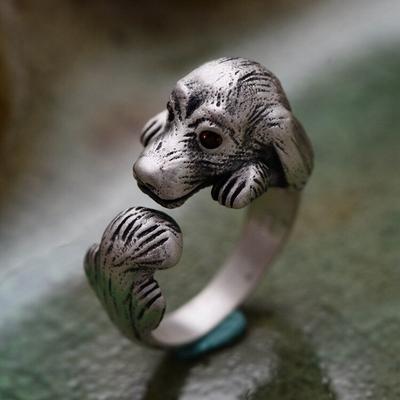 Stříbro S990, thajské stříbrné šperky, dvanáct zvířátek, Teddy dog, mozaika, umělý červený zirkon, dámský otevírací prsten.