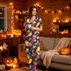 Women's Halloween Print Scrub Set, V Neck Short Sleeve with Pockets and Pants, 2 Piece Uniform