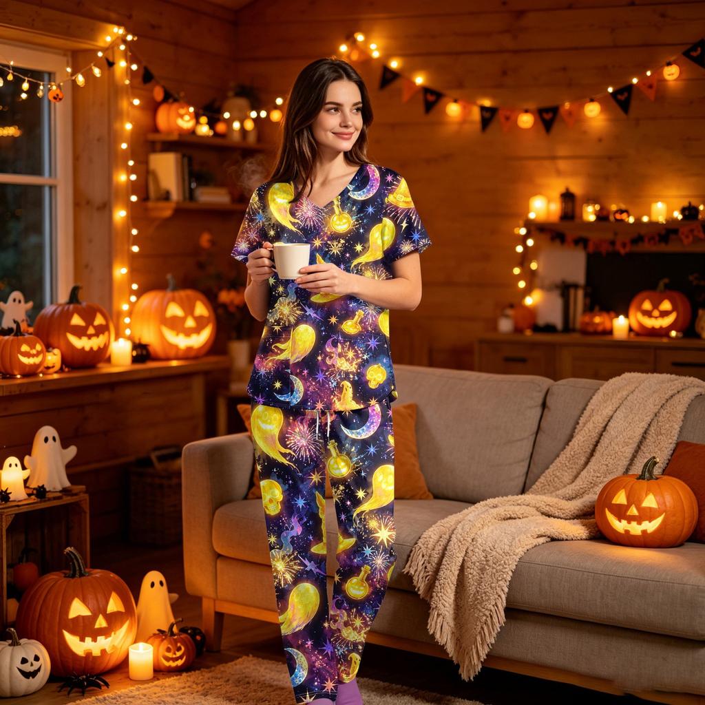 Women's Halloween Print Scrub Set, V Neck Short Sleeve with Pockets and Pants, 2 Piece Uniform