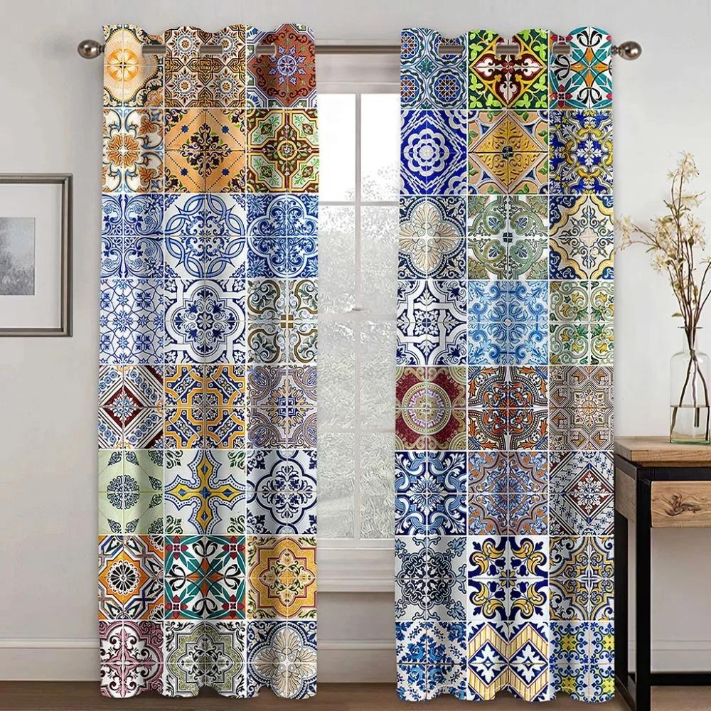 Bohemian Retro Window Area Covering for Bedroom Lightweight Fabric Polyester Sunshading Window Decorative Boho Printing Finished