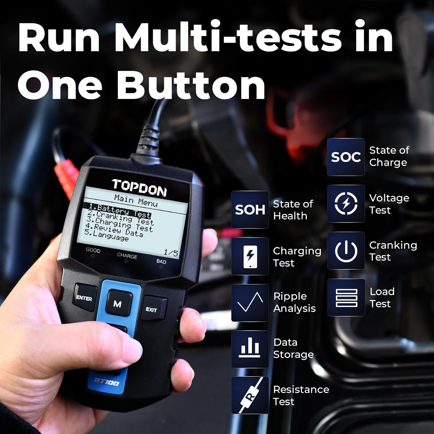 TOPDON BT100 Тестер автомобильного аккумулятора 12В, Нагрузочный тестер, 100-2000 CCA, Тестер автомобильного генератора, Цифровой анализатор автомобильного аккумулятора, Система зарядки и запуска