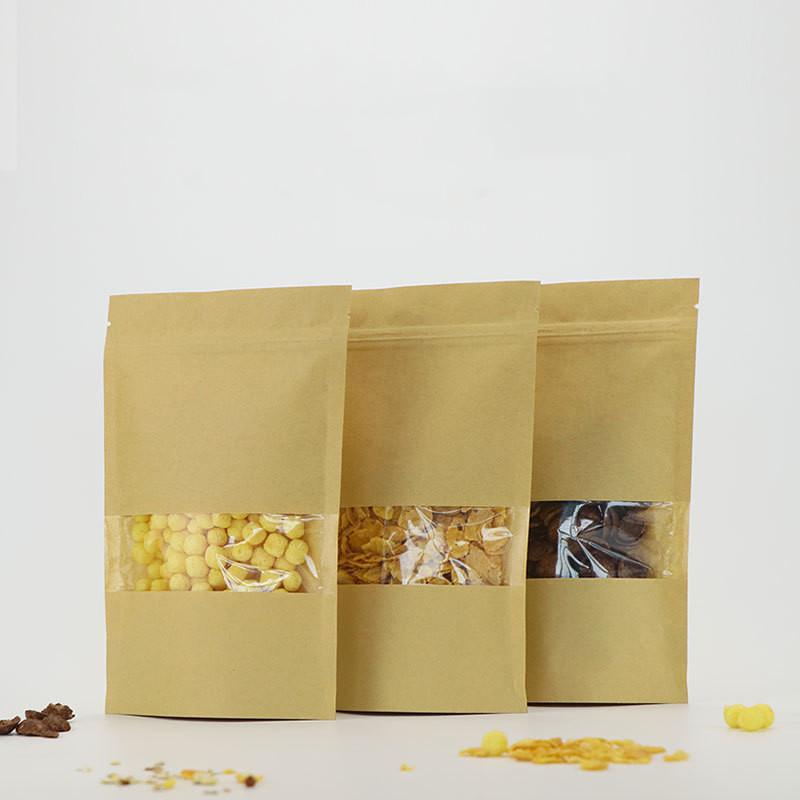 50/100pcs kraft paper zipper lock window bag brown re-sealable stand-up pouch coffee bean wedding festival food packaging